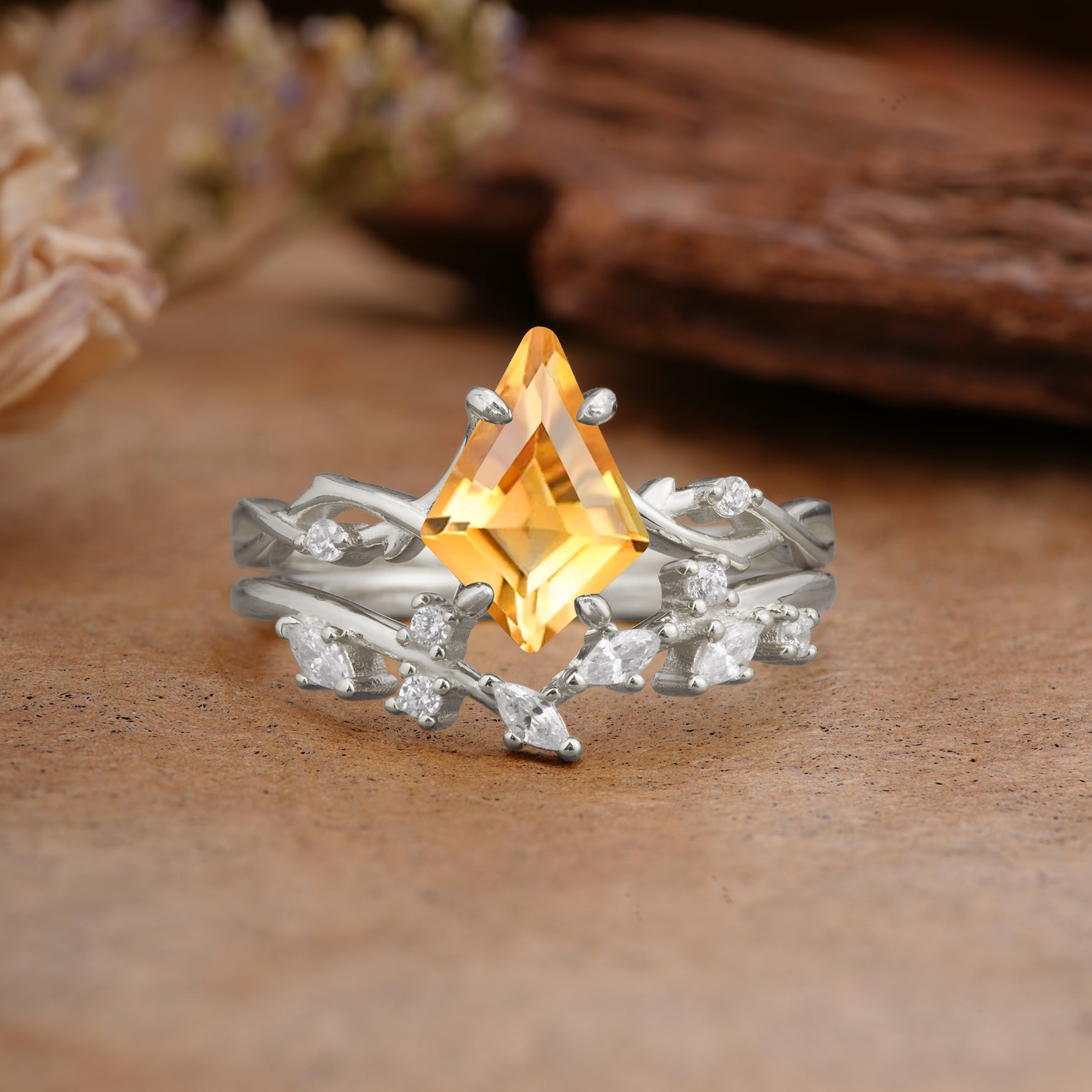 Fashion 4-Prong Kite-Cut Citrine Engagement Ring Set - Additional view