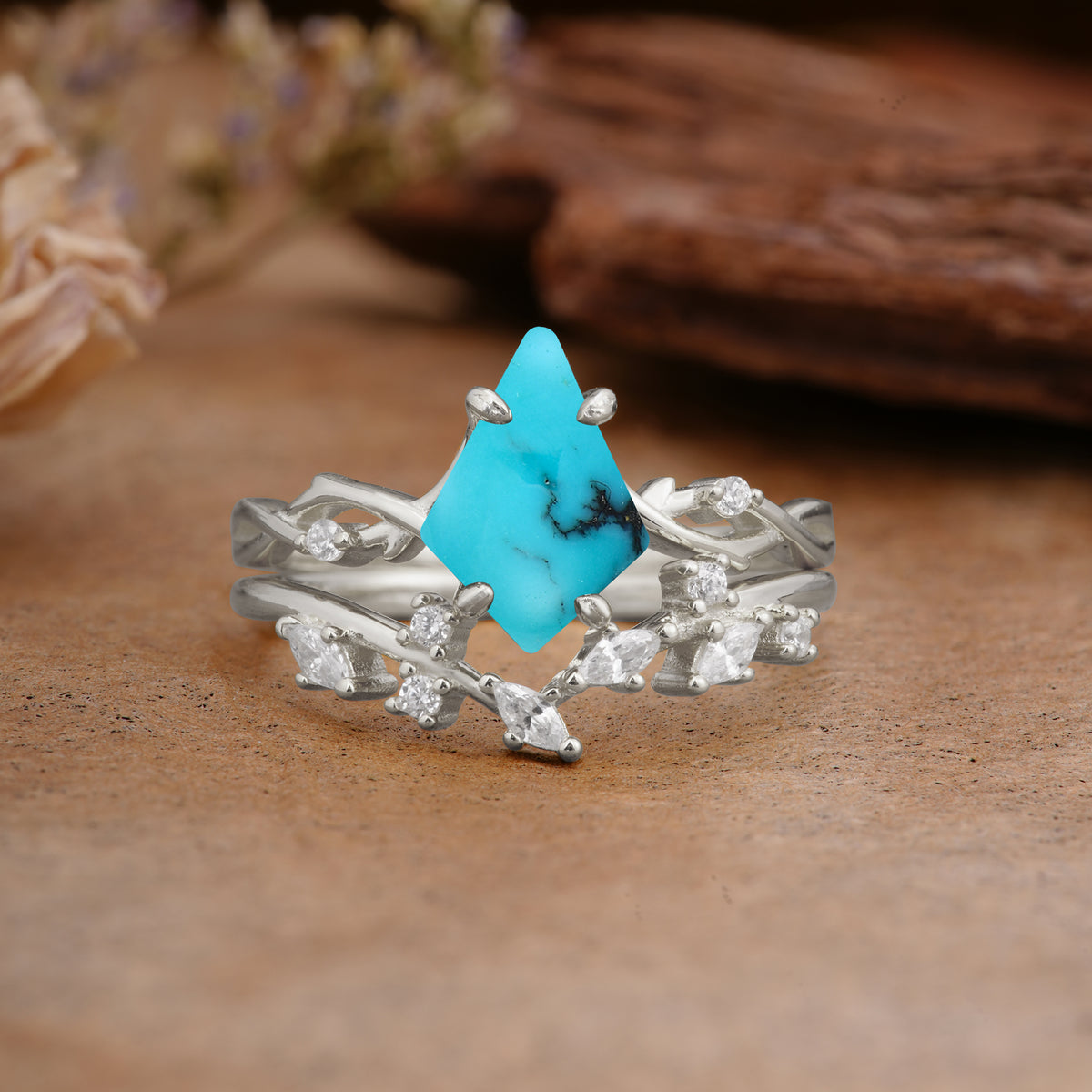 Fashion 4-Prong Kite-Cut Turquoise Engagement Ring Set - Additional view