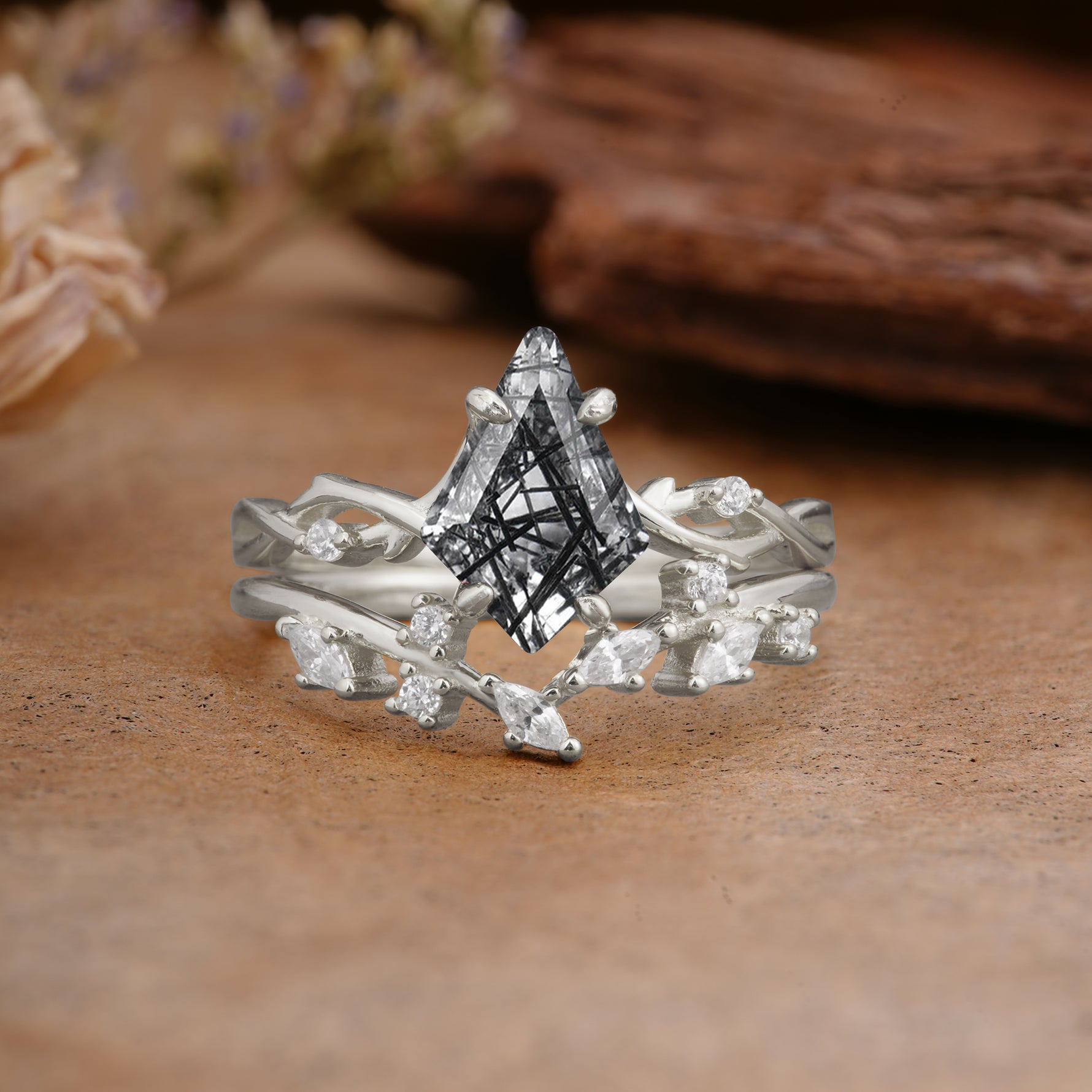 Fashion 4-Prong Kite-Cut Black Rutilated Quartz Engagement Ring Set - Additional view