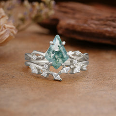 Fashion 4-Prong Kite-Cut Natural Moss Agate Engagement Ring Set
