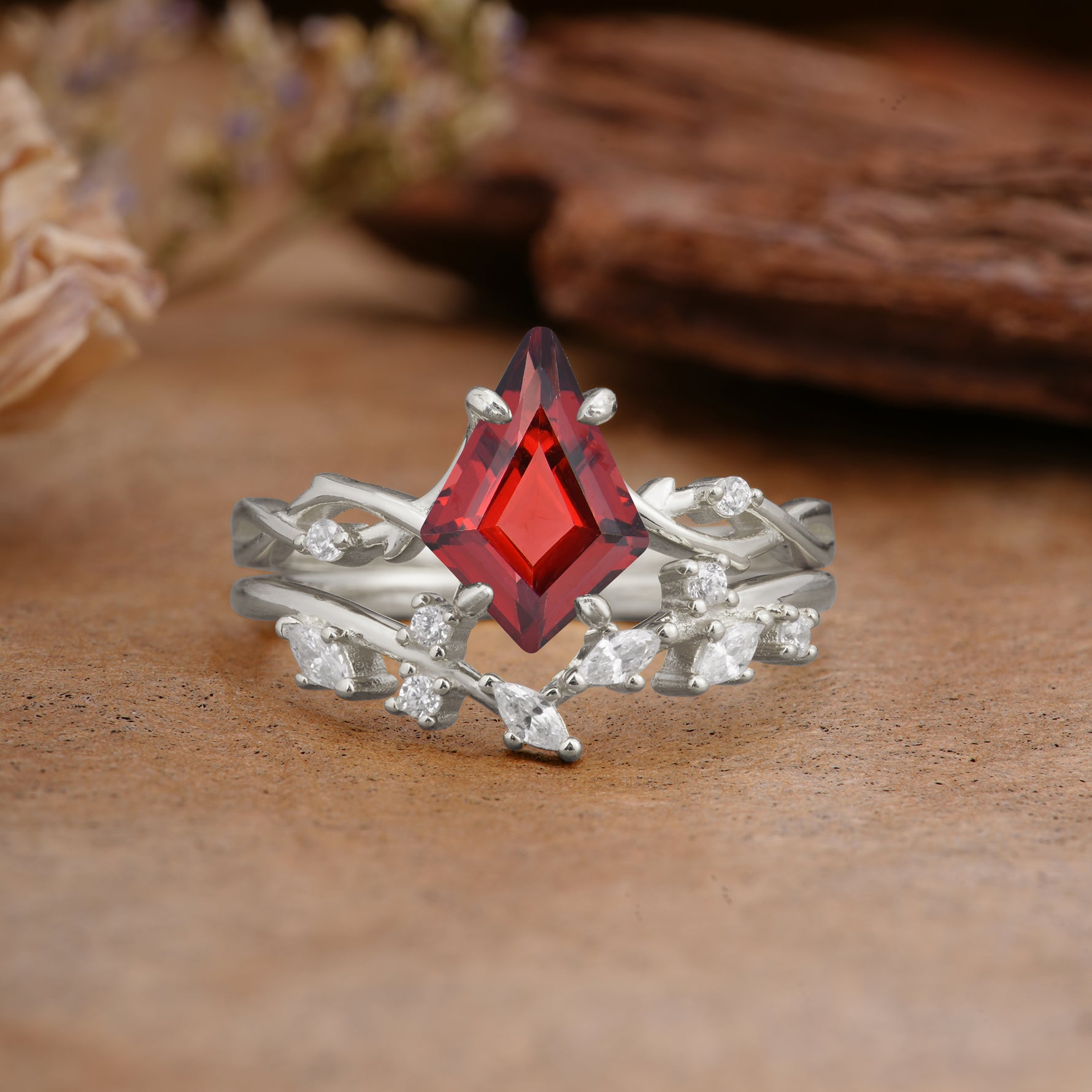 Fashion 4-Prong Kite-Cut Garnet Engagement Ring Set - Additional view