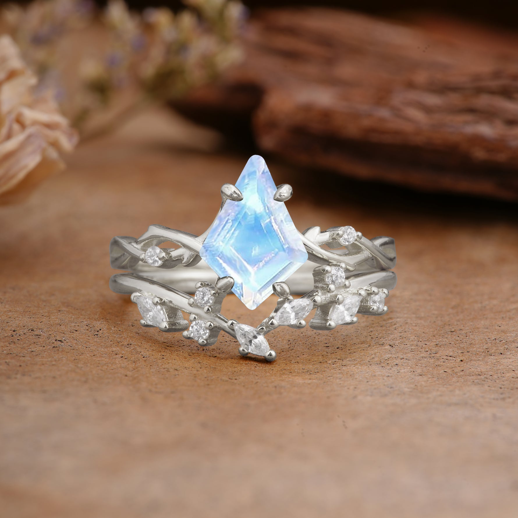 Fashion 4-Prong Kite-Cut Moonstone Engagement Ring Set - Additional view