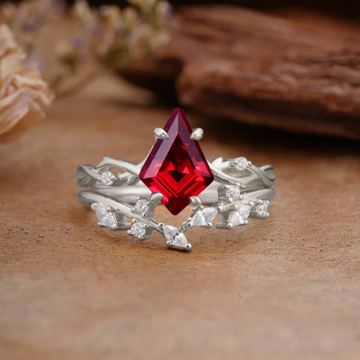 Fashion 4-Prong Kite-Cut Ruby Engagement Ring Set - Additional view