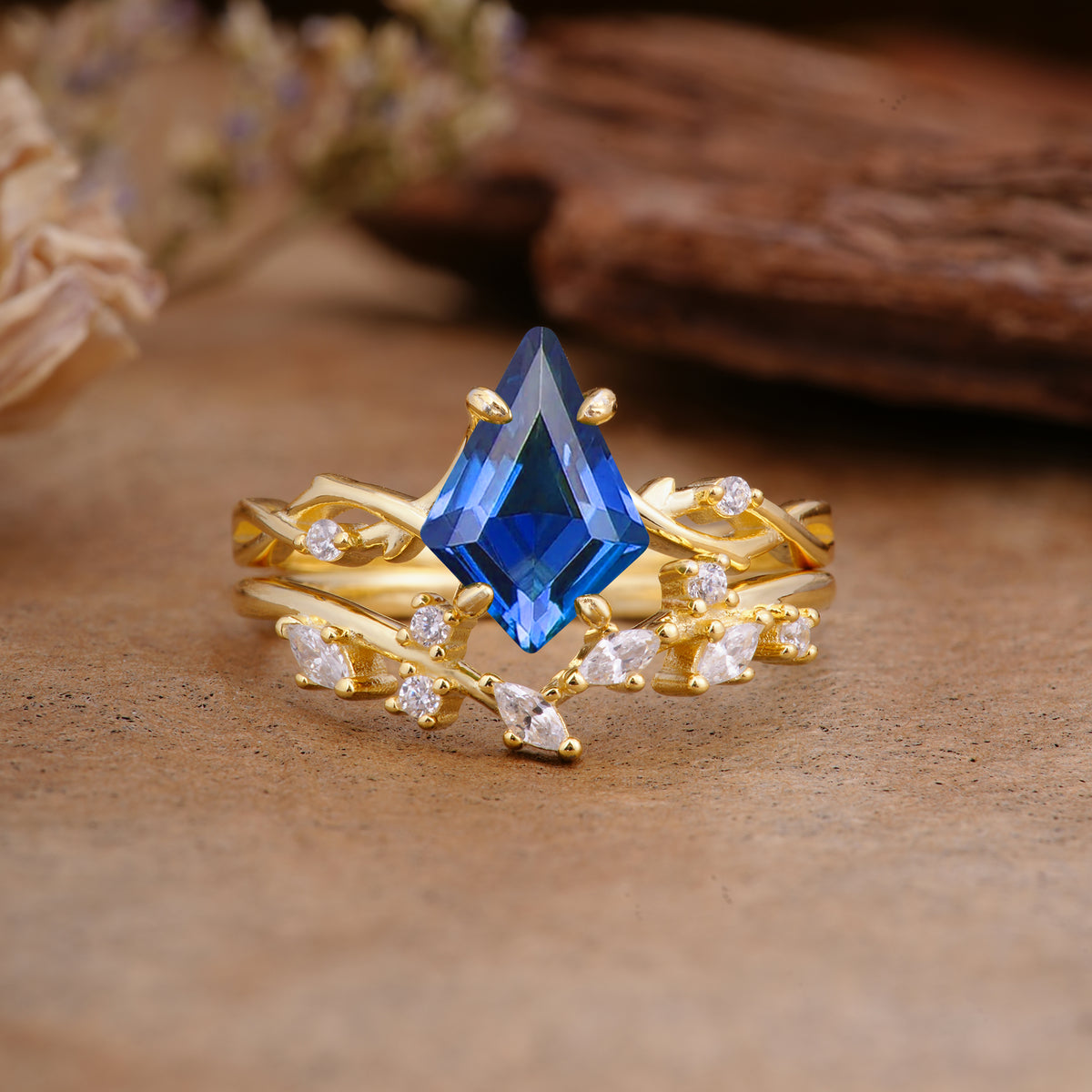Fashion 4-Prong Kite-Cut Sapphire Engagement Ring Set - Additional view