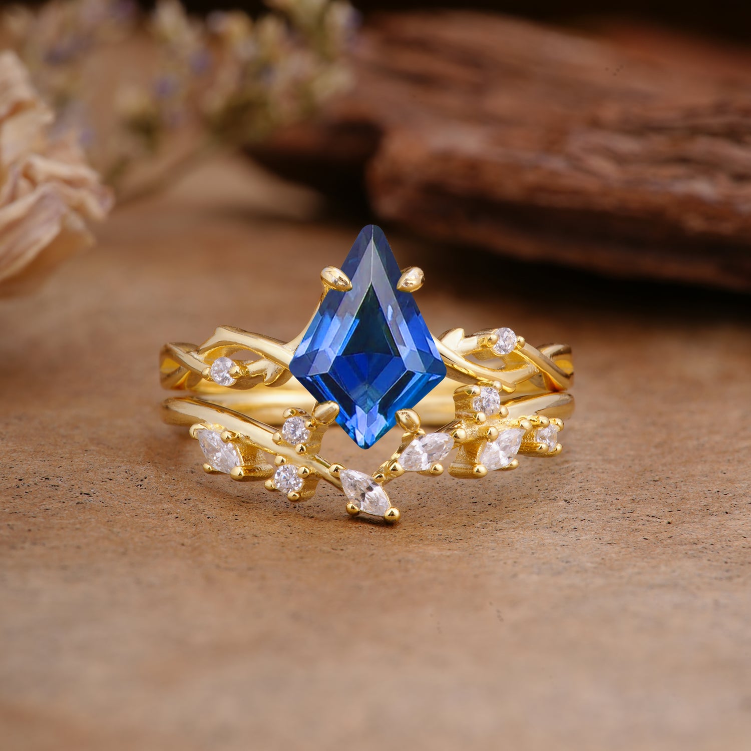 Fashion 4-Prong Kite-Cut Sapphire Engagement Ring Set - Additional view