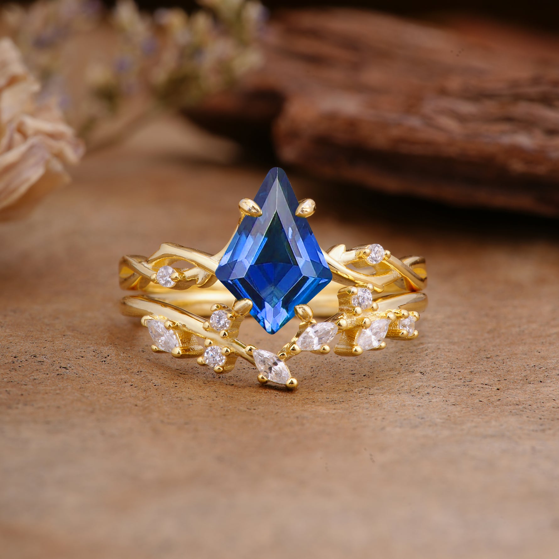Fashion 4-Prong Kite-Cut Sapphire Engagement Ring Set - Additional view