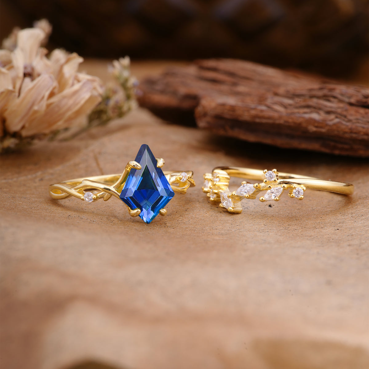 Fashion 4-Prong Kite-Cut Sapphire Engagement Ring Set - Additional view
