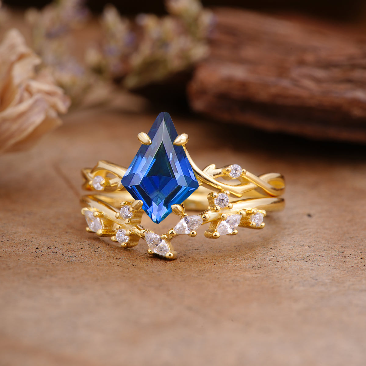 Fashion 4-Prong Kite-Cut Sapphire Engagement Ring Set - Additional view