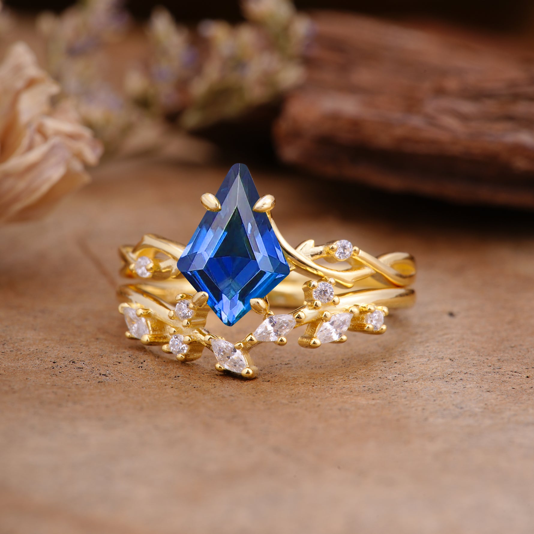 Fashion 4-Prong Kite-Cut Sapphire Engagement Ring Set - Additional view