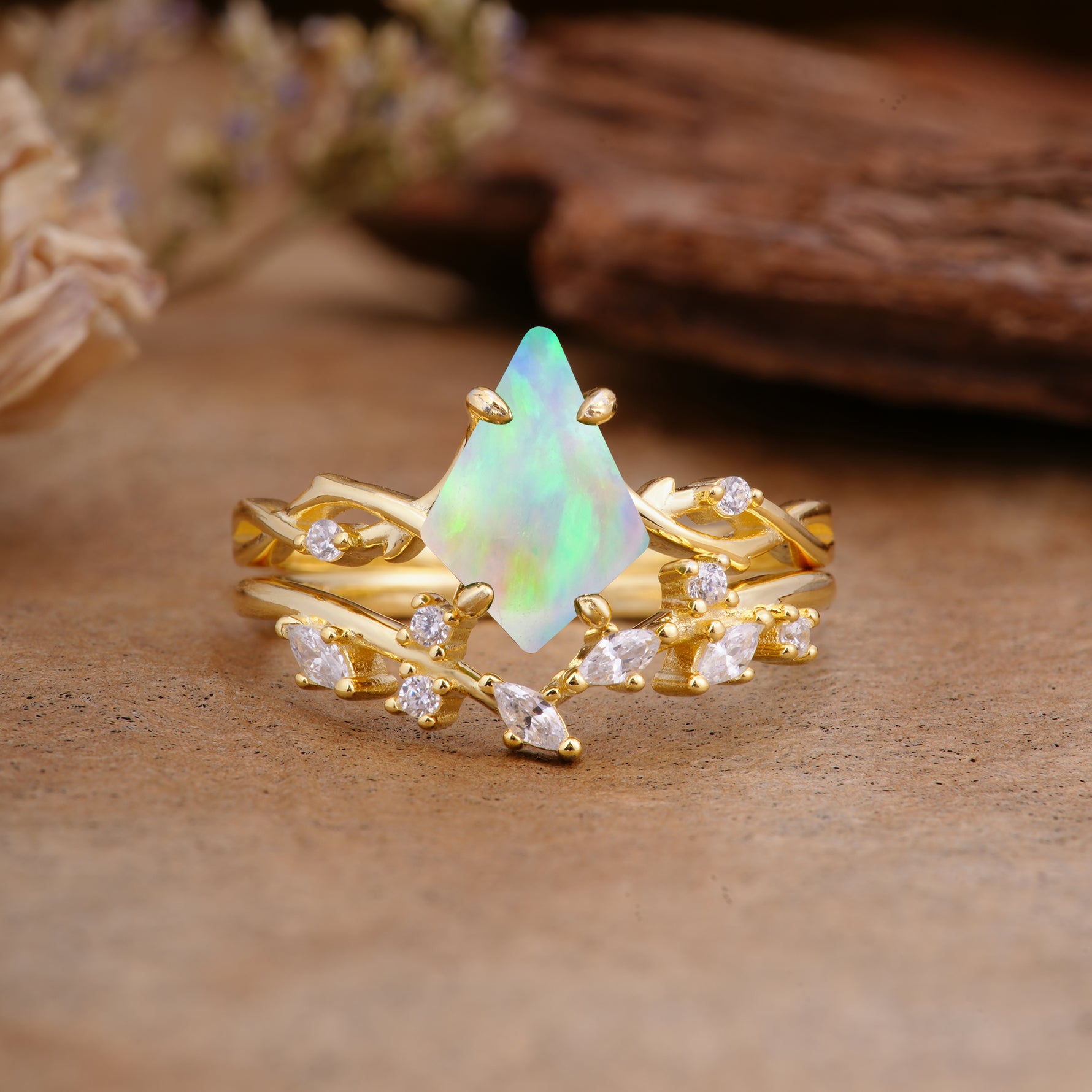 Fashion 4-Prong Kite-Cut Fire Opal Engagement Ring Set - Additional view