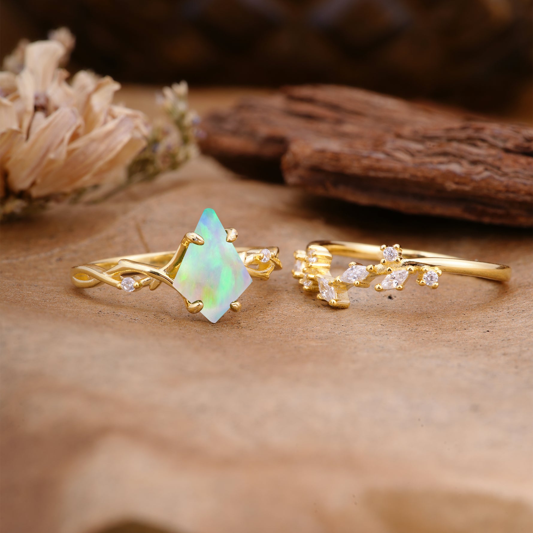 Fashion 4-Prong Kite-Cut Fire Opal Engagement Ring Set - Additional view