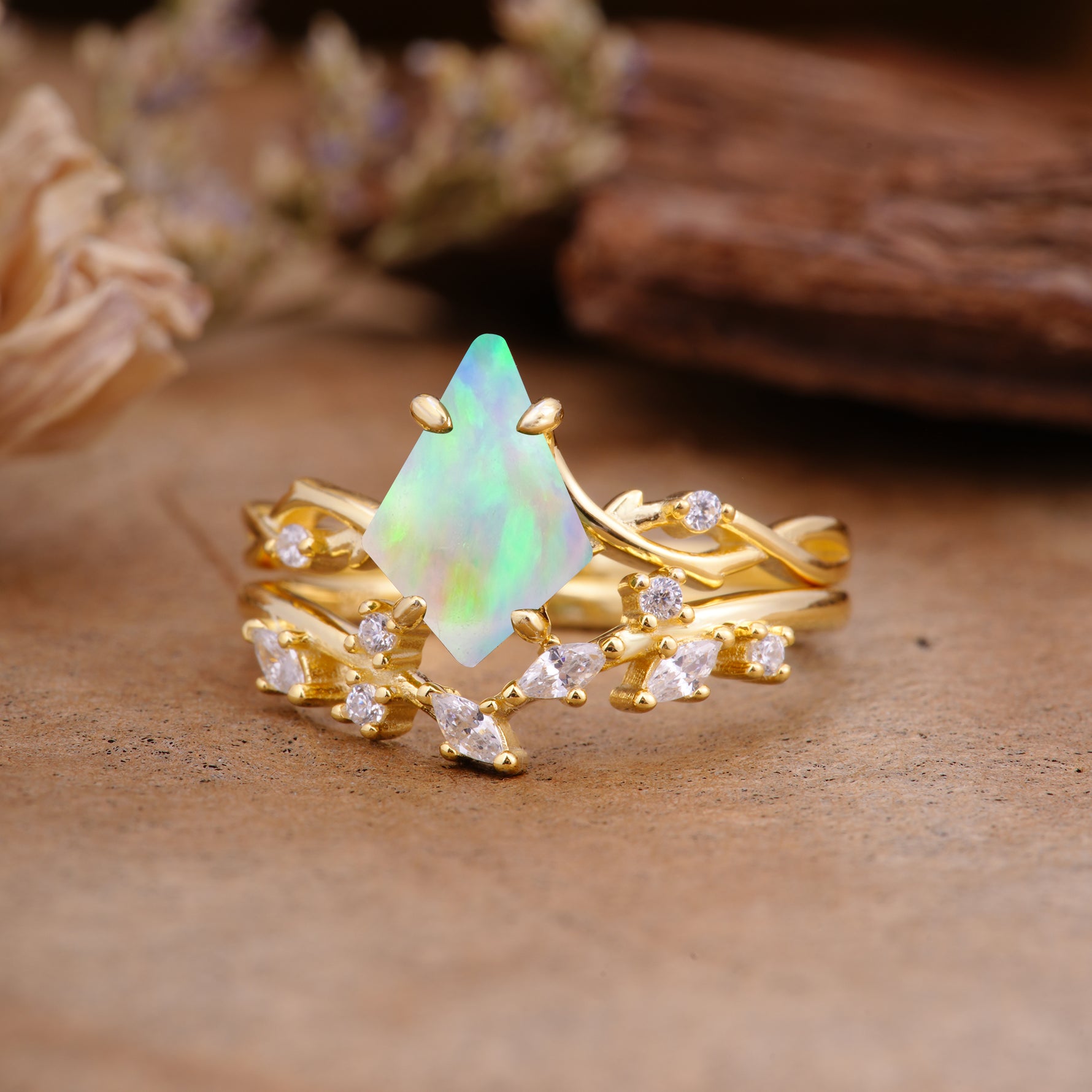 Fashion 4-Prong Kite-Cut Fire Opal Engagement Ring Set - Additional view