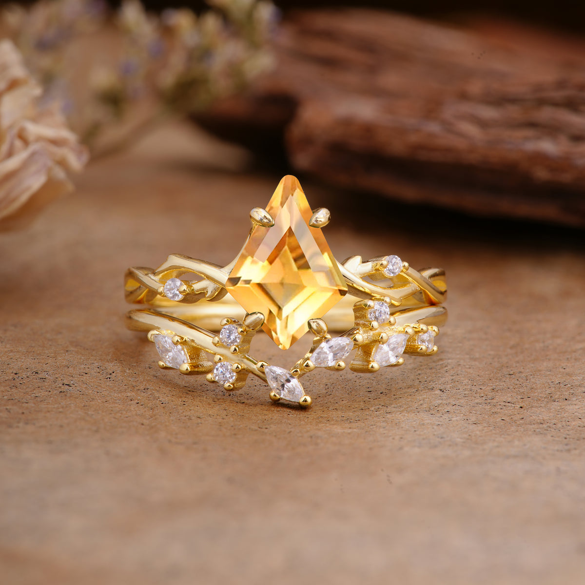 Fashion 4-Prong Kite-Cut Citrine Engagement Ring Set - Additional view