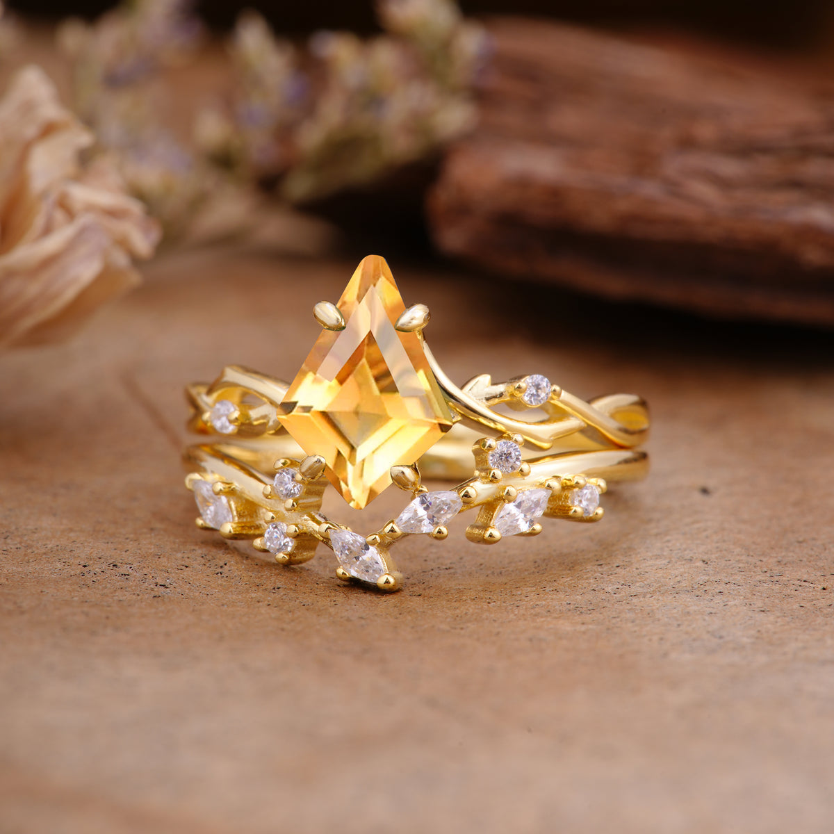 Fashion 4-Prong Kite-Cut Citrine Engagement Ring Set - Additional view