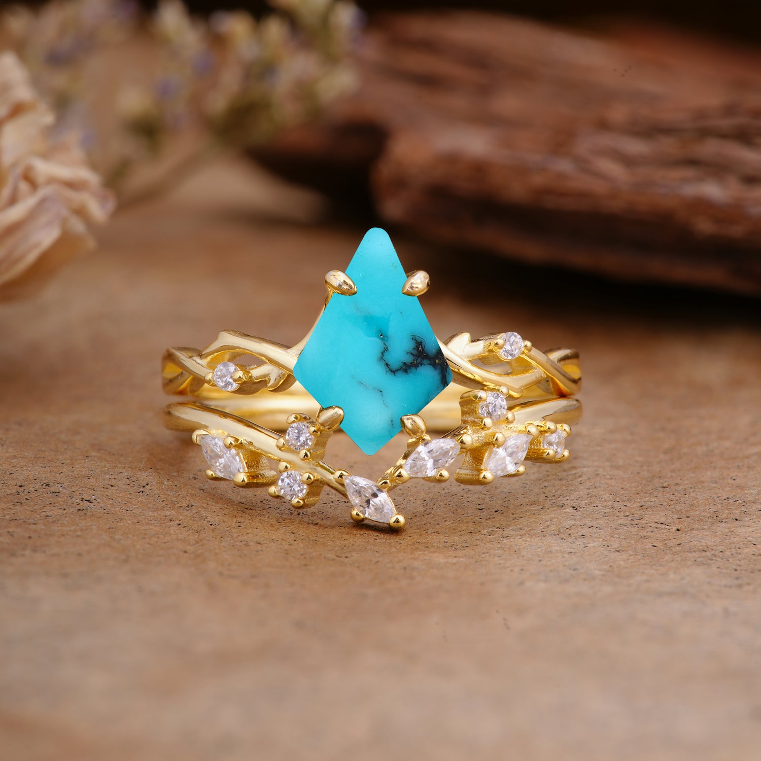 Fashion 4-Prong Kite-Cut Turquoise Engagement Ring Set - Additional view