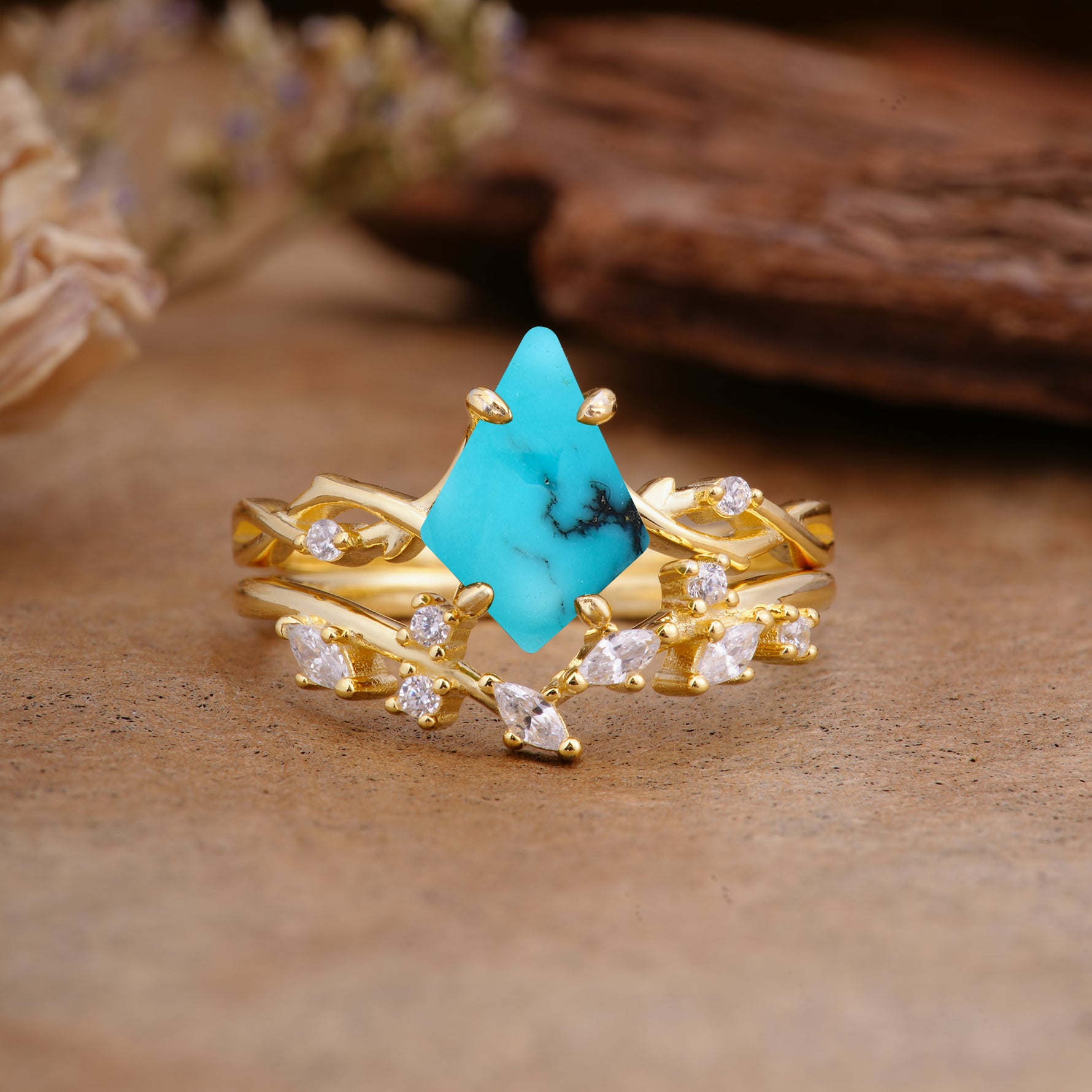 Fashion 4-Prong Kite-Cut Turquoise Engagement Ring Set - Additional view