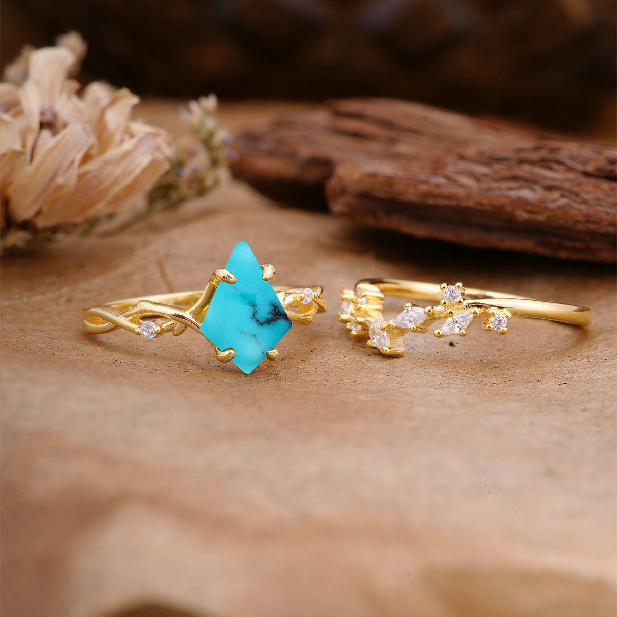 Fashion 4-Prong Kite-Cut Turquoise Engagement Ring Set - Additional view