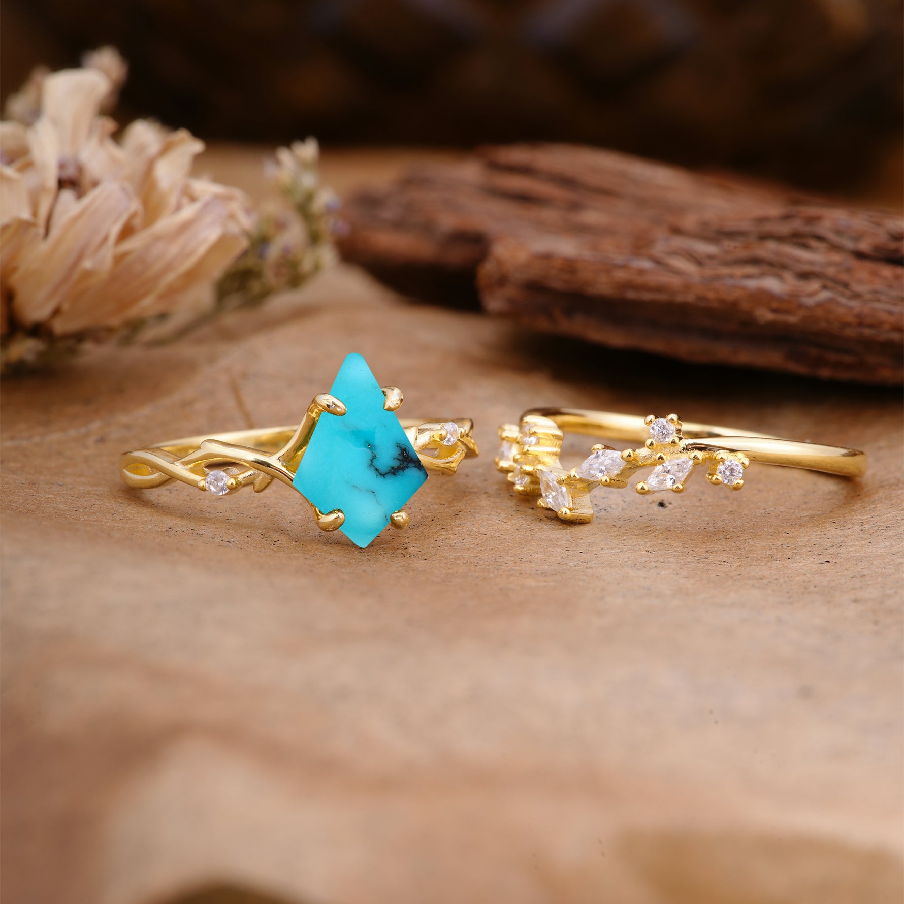 Fashion 4-Prong Kite-Cut Turquoise Engagement Ring Set - Additional view