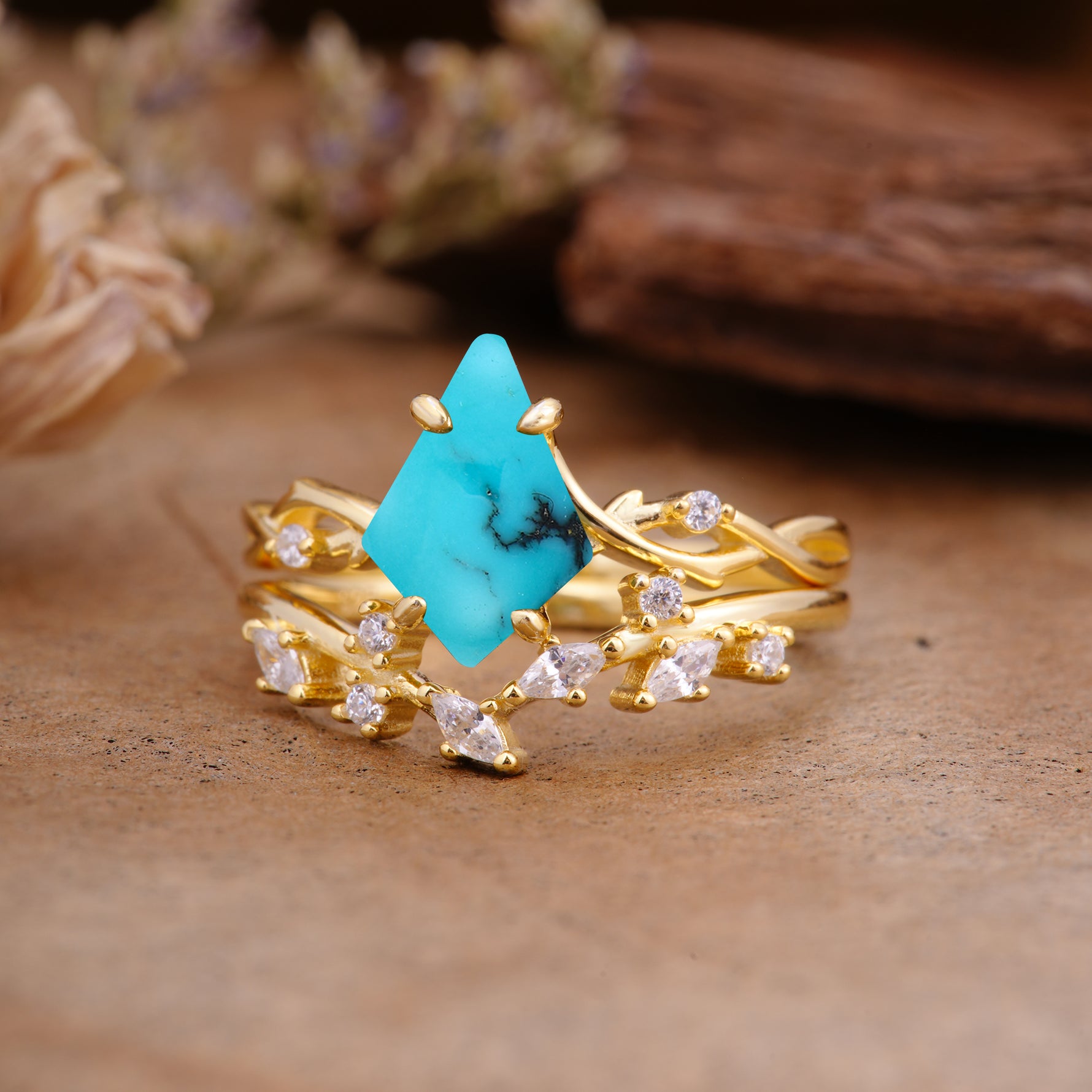 Fashion 4-Prong Kite-Cut Turquoise Engagement Ring Set - Additional view