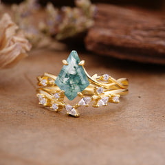 Fashion 4-Prong Kite-Cut Natural Moss Agate Engagement Ring Set