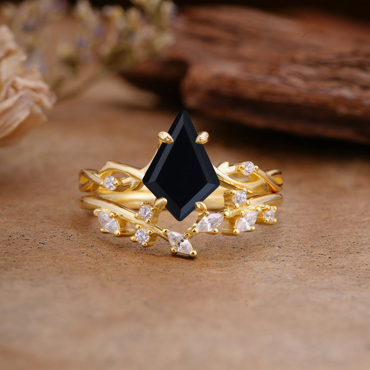 Fashion 4-Prong Kite-Cut Black Onyx Engagement Ring Set - Additional view