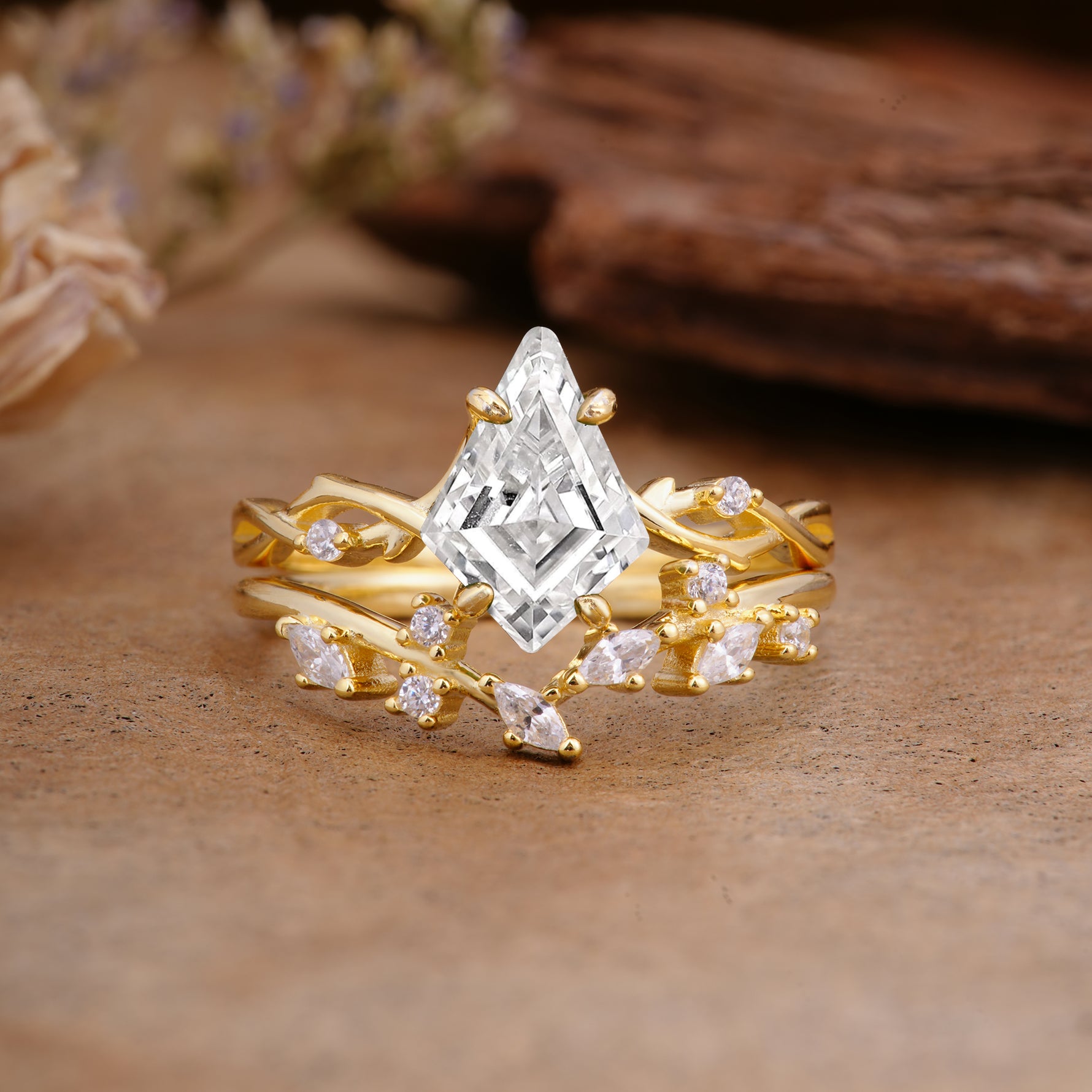 Fashion 4-Prong Kite-Cut Lab Diamond Engagement Ring Set - Additional view