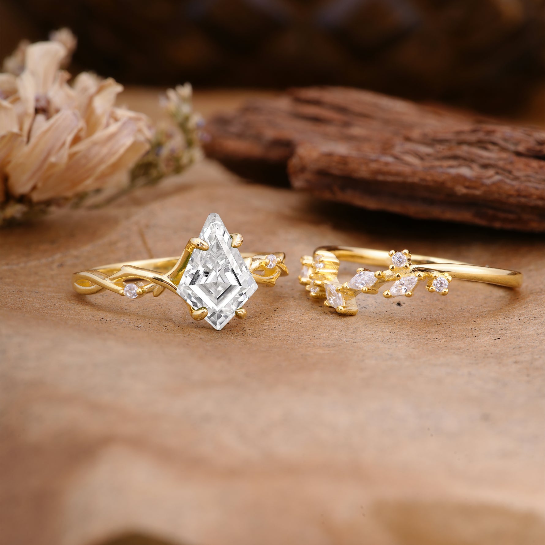 Fashion 4-Prong Kite-Cut Lab Diamond Engagement Ring Set - Additional view