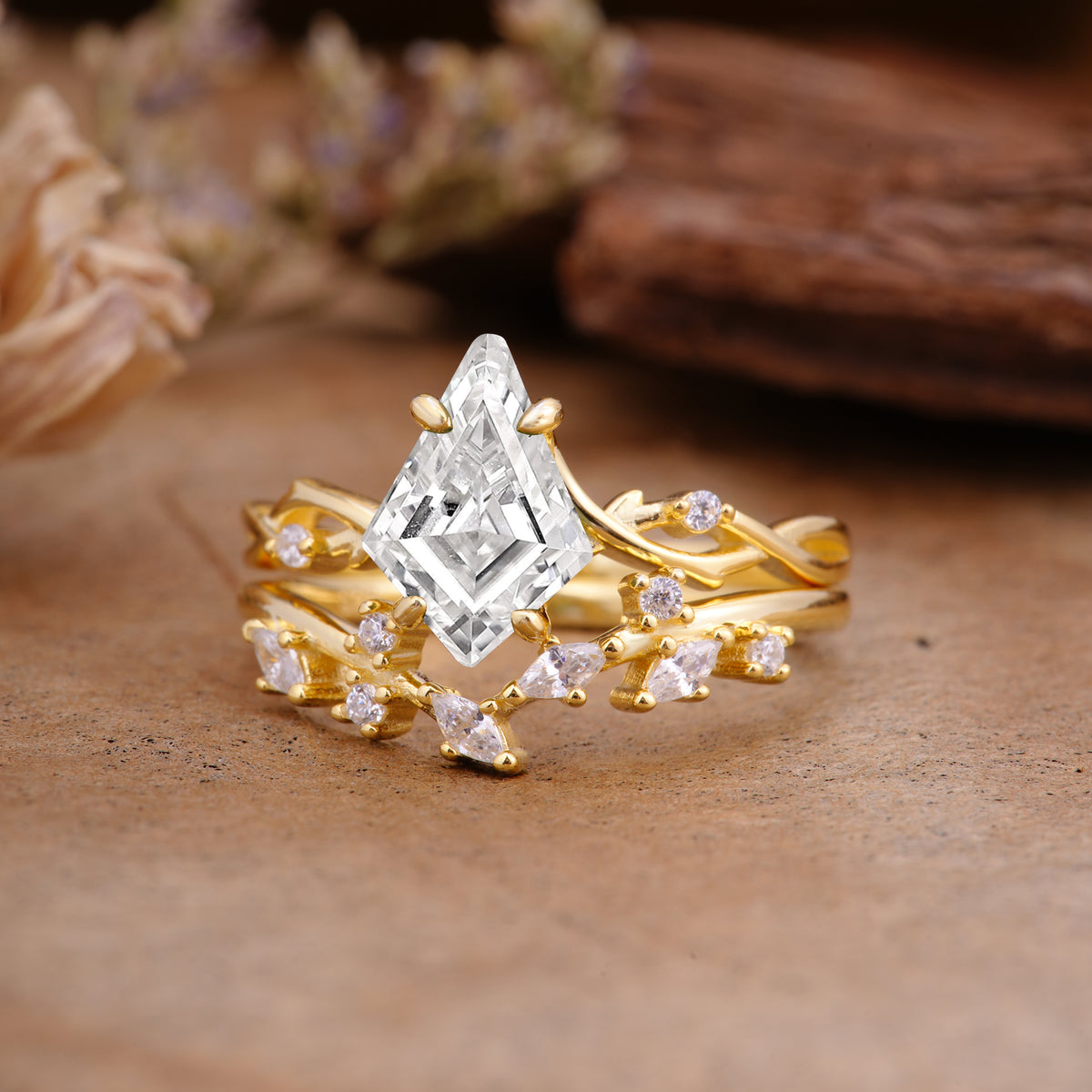 Fashion 4-Prong Kite-Cut Lab Diamond Engagement Ring Set - Additional view
