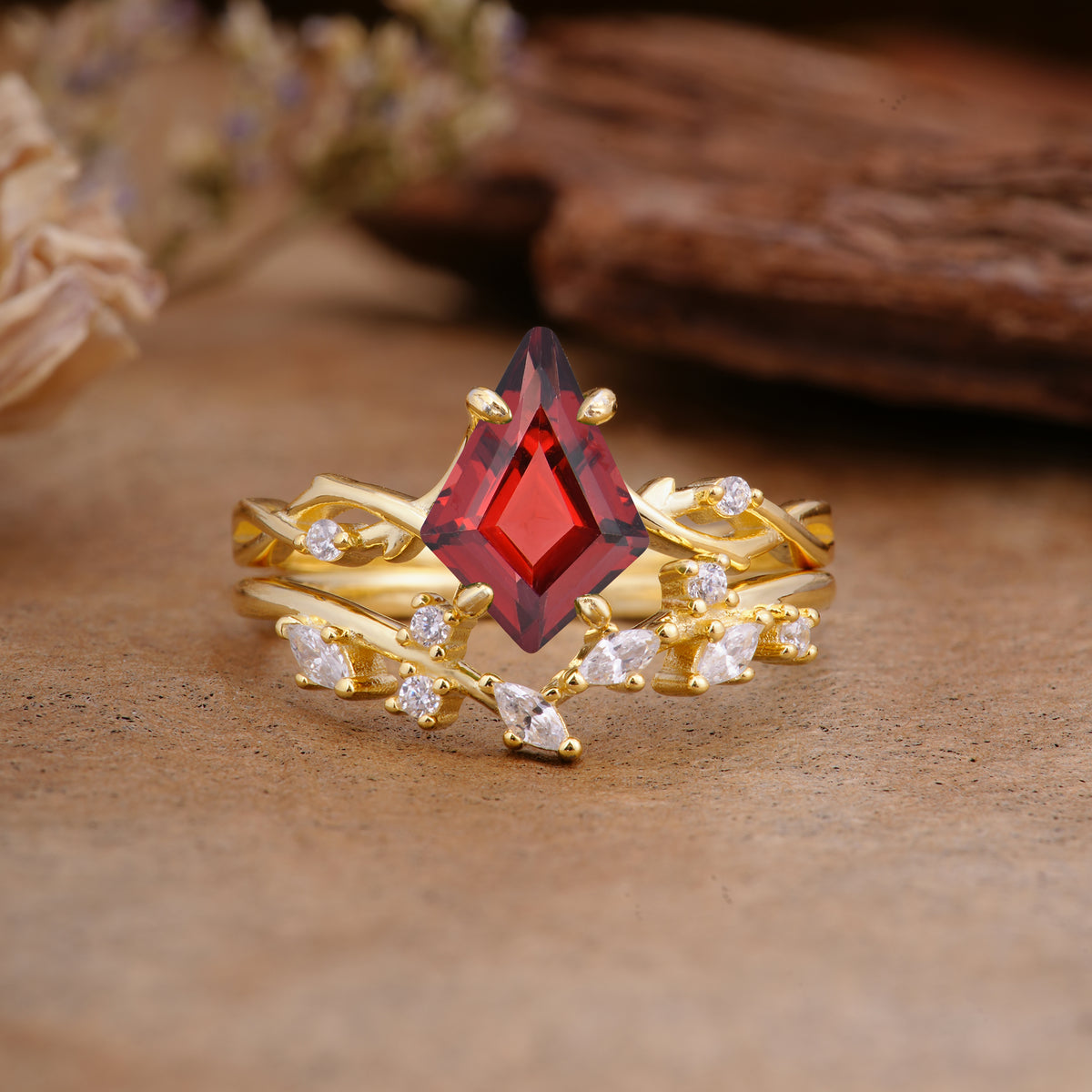 Fashion 4-Prong Kite-Cut Garnet Engagement Ring Set - Additional view