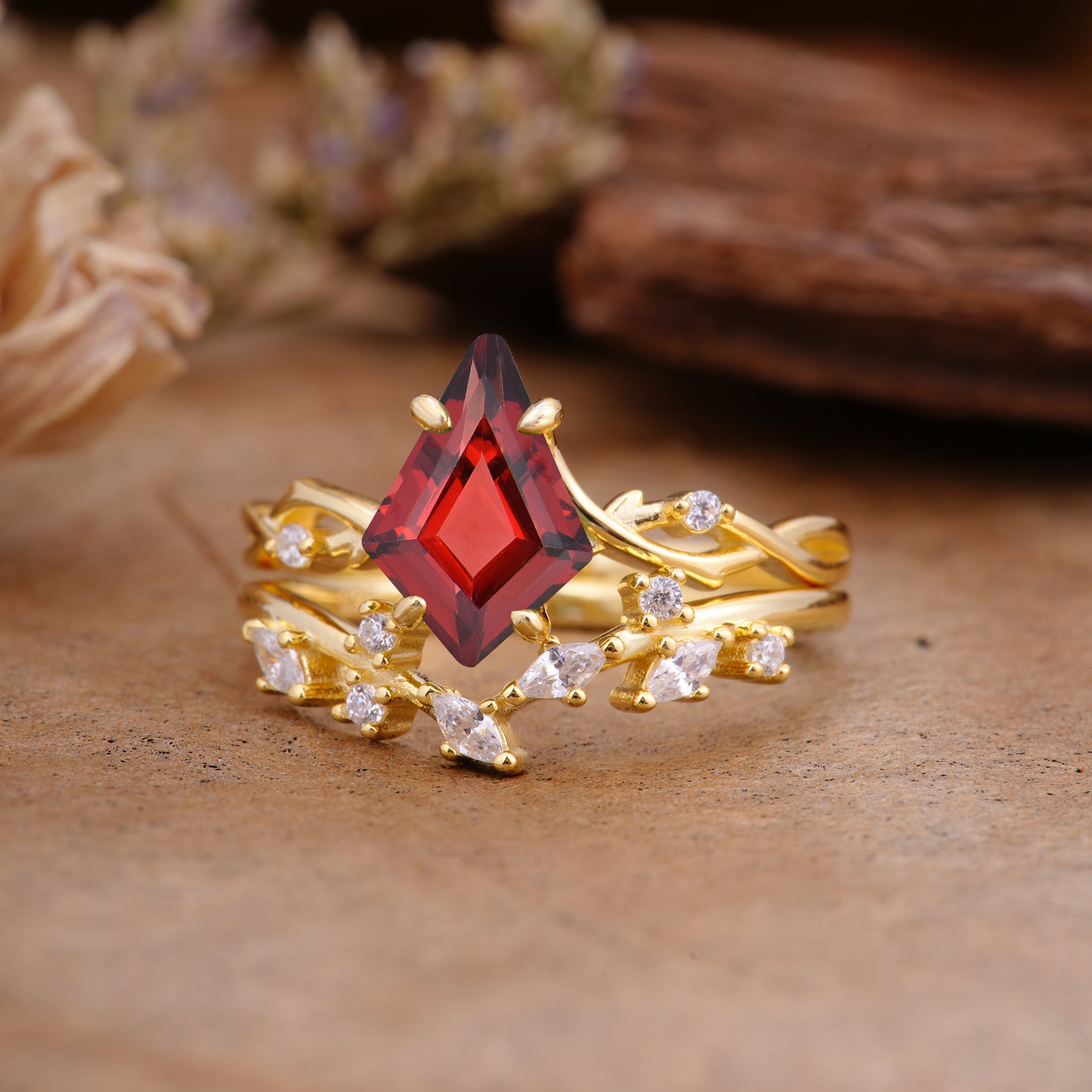 Fashion 4-Prong Kite-Cut Garnet Engagement Ring Set - Additional view