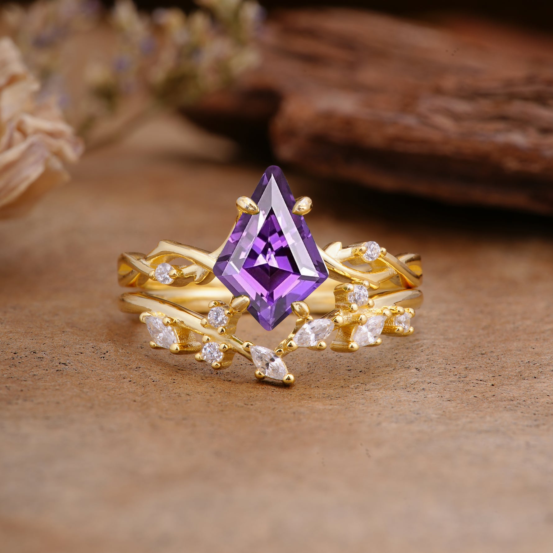 Fashion 4-Prong Kite-Cut Amethyst Engagement Ring Set - Additional view