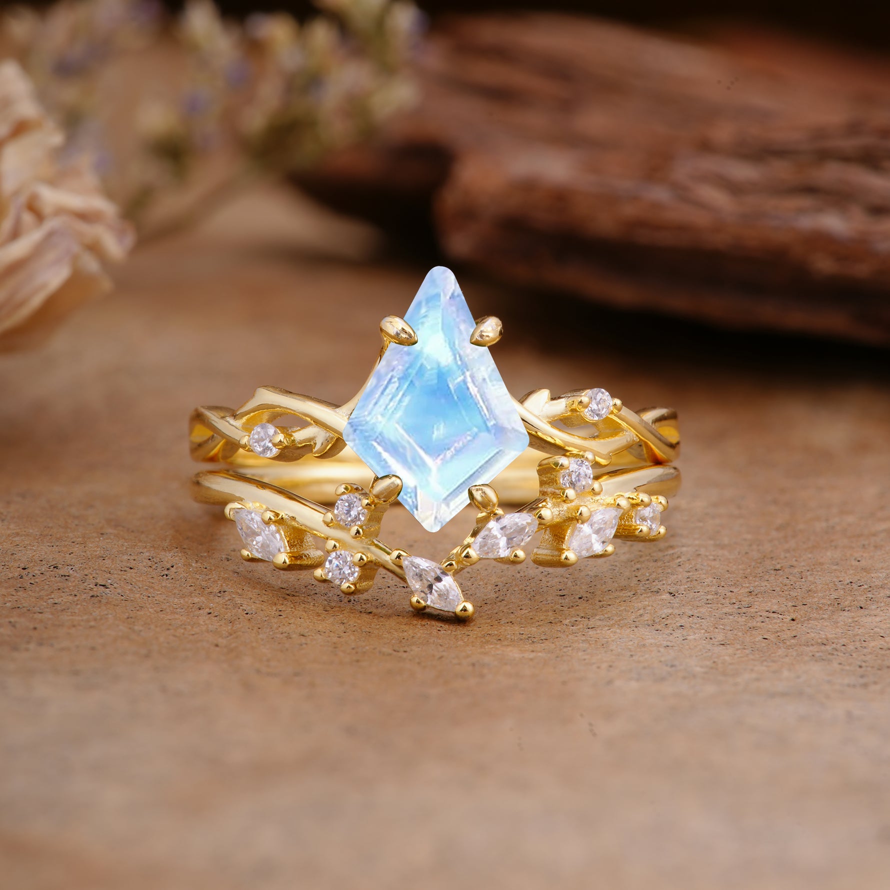Fashion 4-Prong Kite-Cut Moonstone Engagement Ring Set - Additional view