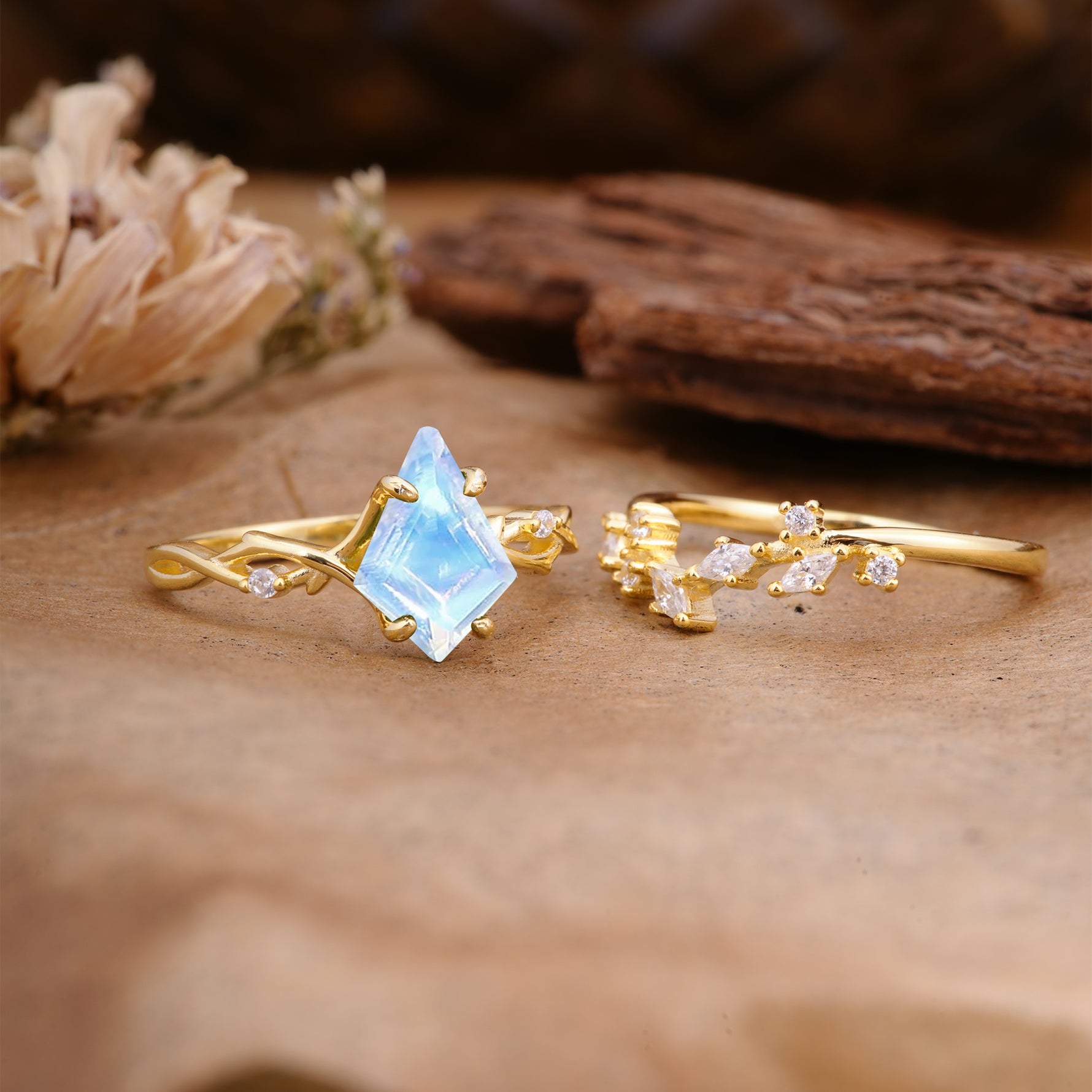 Fashion 4-Prong Kite-Cut Moonstone Engagement Ring Set - Additional view