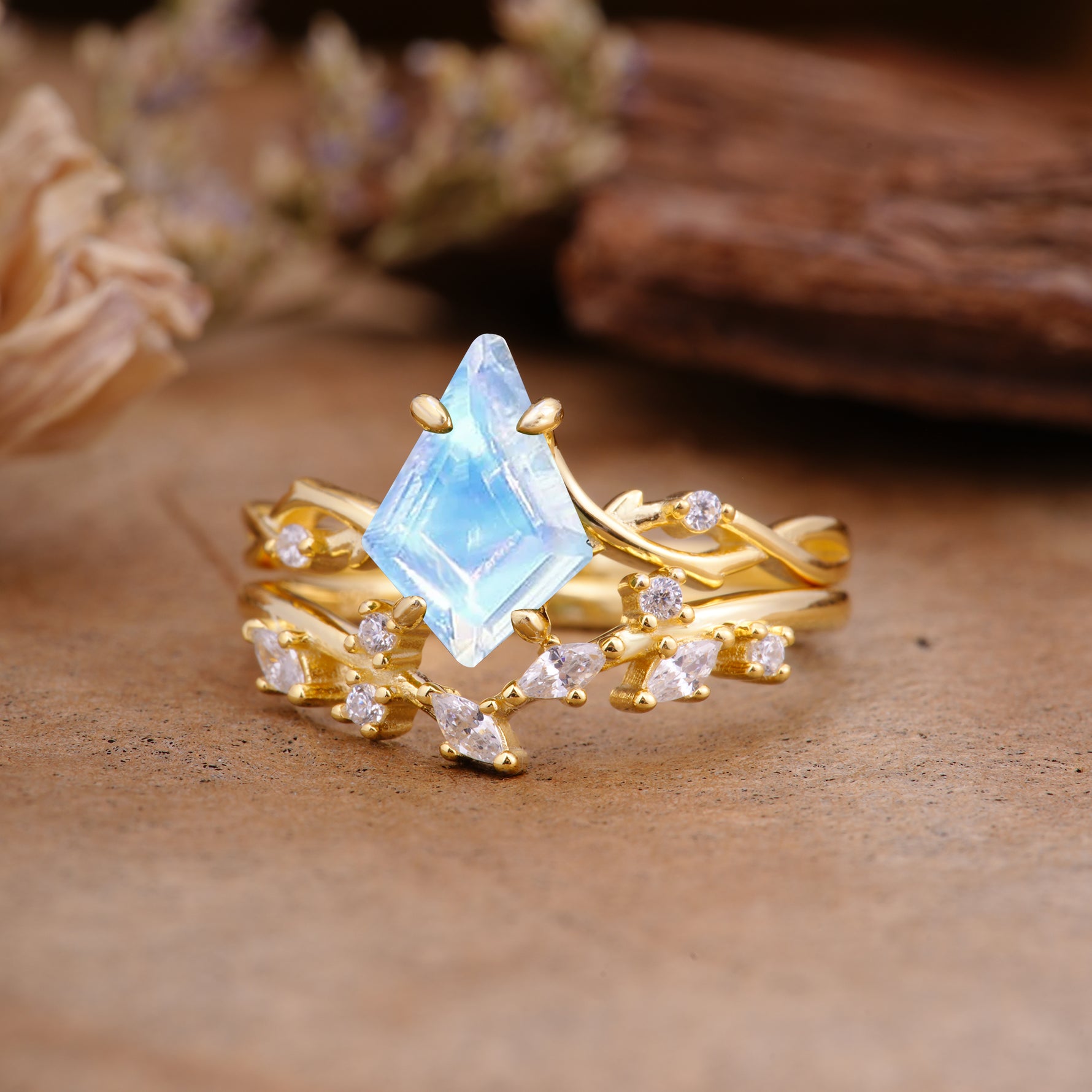 Fashion 4-Prong Kite-Cut Moonstone Engagement Ring Set - Additional view