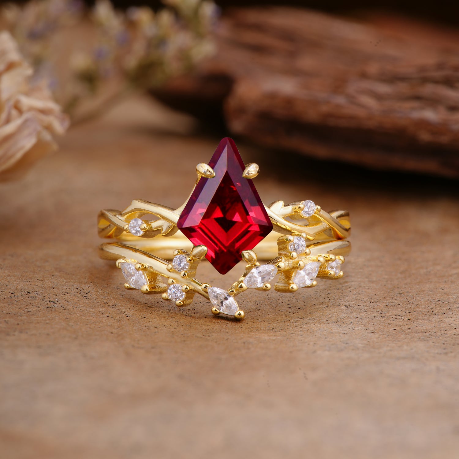 Fashion 4-Prong Kite-Cut Ruby Engagement Ring Set - Additional view