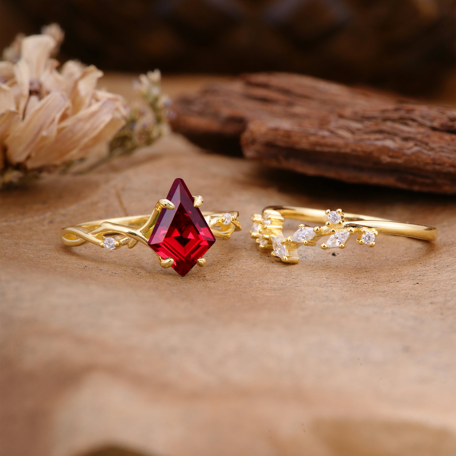 Fashion 4-Prong Kite-Cut Ruby Engagement Ring Set - Additional view