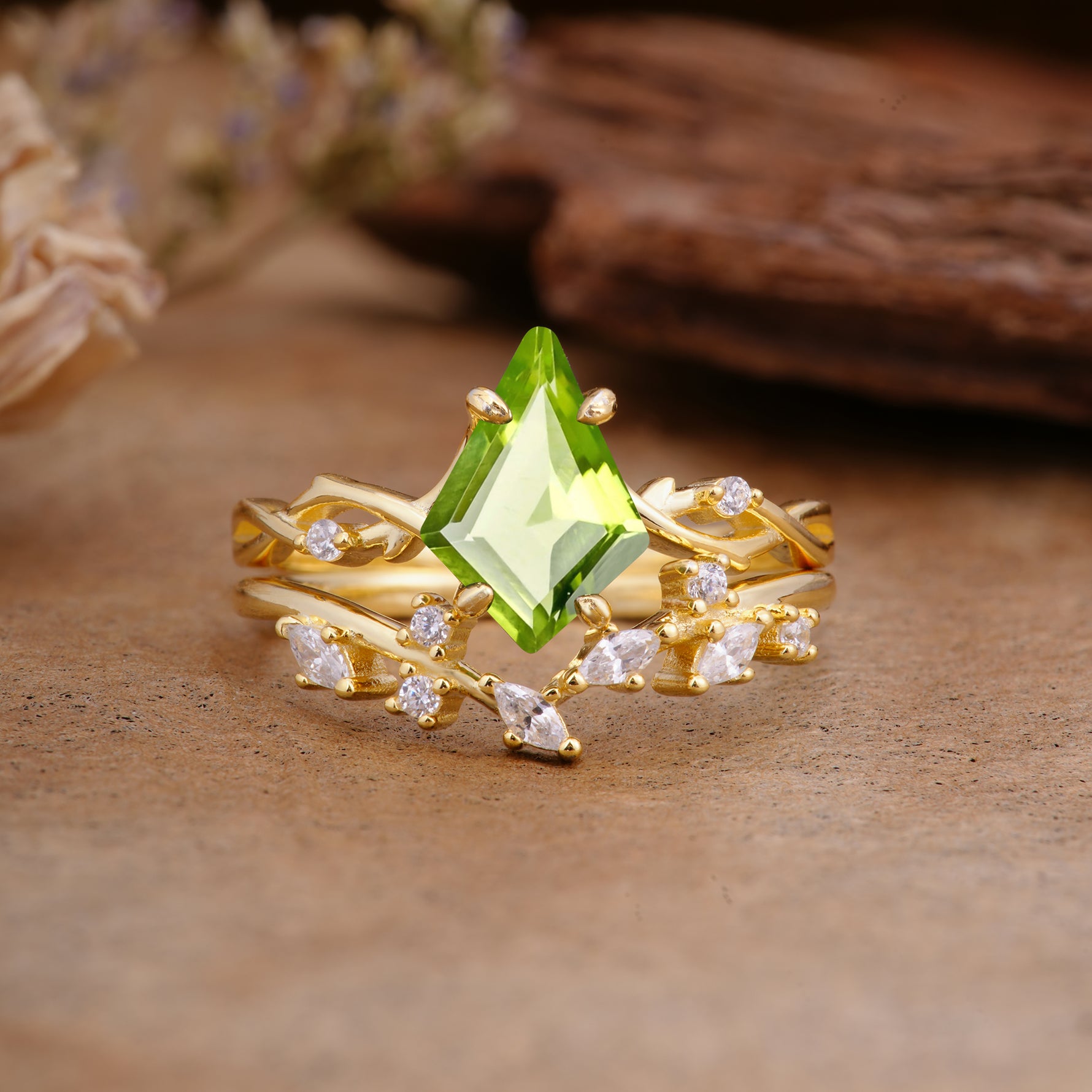 Fashion 4-Prong Kite-Cut Peridot Engagement Ring Set - Additional view