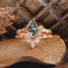 Luxury Nature-Inspired 4-Prong Kite-Cut Black Rutilated Quartz Engagement Ring Set