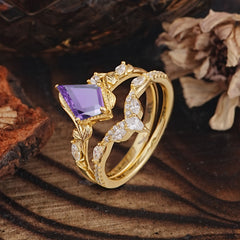 Luxury Nature-Inspired 4-Prong Kite-Cut Natural Amethyst Engagement Ring Set