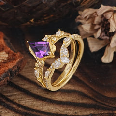 Luxury Nature-Inspired 4-Prong Kite-Cut Natural Amethyst Engagement Ring Set
