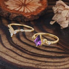 Luxury Nature-Inspired 4-Prong Kite-Cut Natural Amethyst Engagement Ring Set