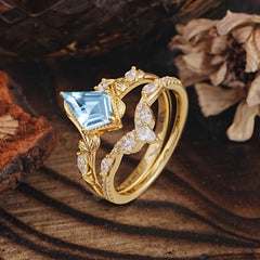 Luxury Nature-Inspired 4-Prong Kite-Cut Aquamarine Engagement Ring Set