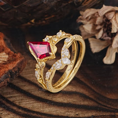 Luxury Nature-Inspired 4-Prong Kite-Cut Ruby Engagement Ring Set