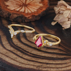 Luxury Nature-Inspired 4-Prong Kite-Cut Ruby Engagement Ring Set