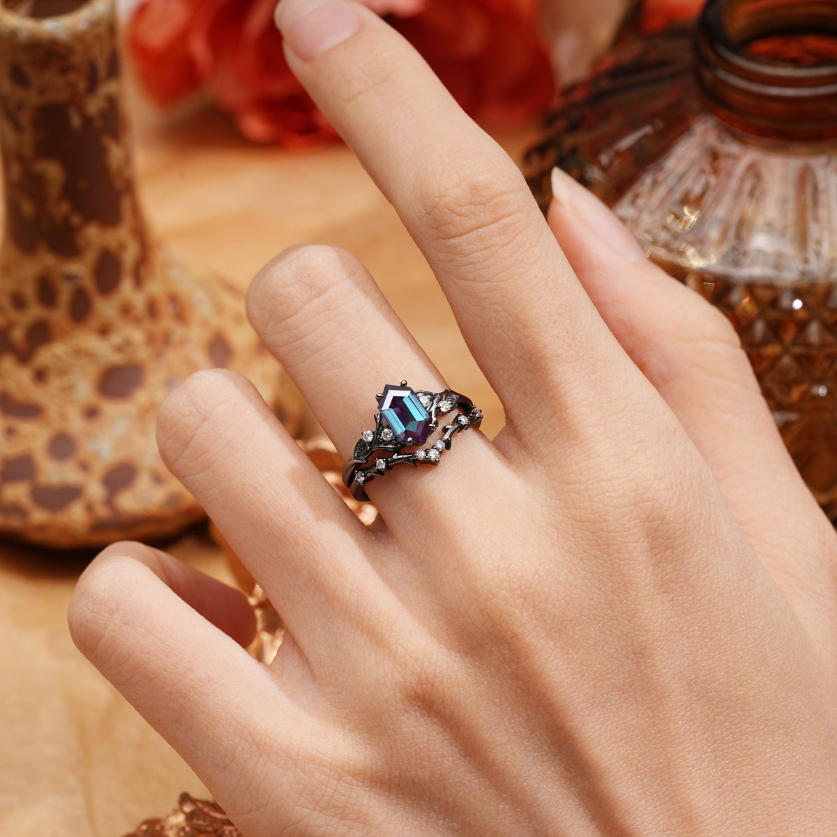 Dark Romantic Hexagon Twisted Vine Engagement Ring Set