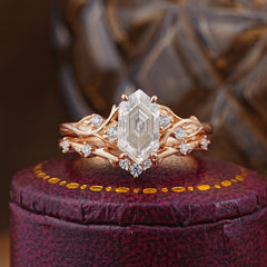 Nature-Inspired 4-Prong Hexagon-Cut Moissanite Engagement Ring Set