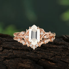 Nature-Inspired 4-Prong Hexagon-Cut Moissanite Engagement Ring Set
