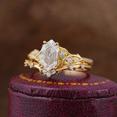 Nature-Inspired 4-Prong Hexagon-Cut Moissanite Engagement Ring Set