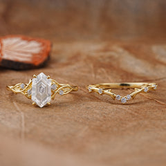 Nature-Inspired 4-Prong Hexagon-Cut Moissanite Engagement Ring Set