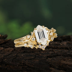 Nature-Inspired 4-Prong Hexagon-Cut Moissanite Engagement Ring Set